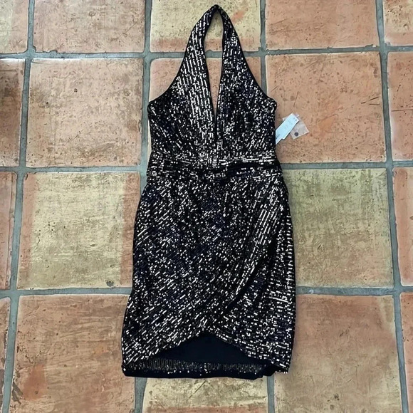๐ท NEW AQUA Halter Mini Cocktail and Party Dress Size XS Black/Copper Sequin - Picture 3 of 11